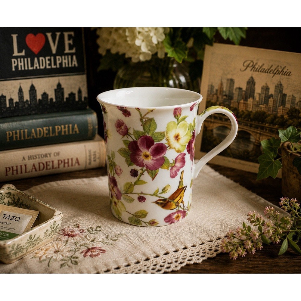 Gracie Bone China Bird Floral Mug Pink Roses Garden Songbirds Coastline Imports